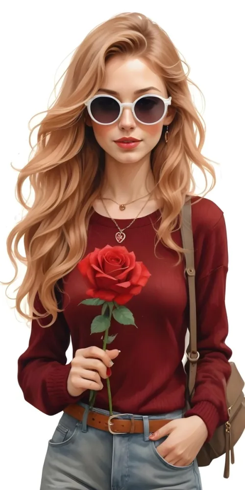 A Caucasian Woman 23 Years Old Long Red Wavy Hair Sunglasses Holding A Red Rose Red Sweater Necklace Earrings Ring Purse White Background 20 5e93