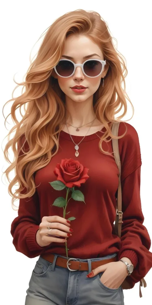 A Caucasian Woman 23 Years Old Long Red Wavy Hair Sunglasses Holding A Red Rose Red Sweater Necklace Earrings Ring Purse White Background 21 7907