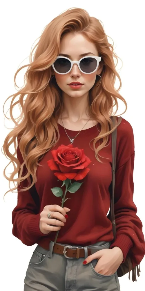 A Caucasian Woman 23 Years Old Long Red Wavy Hair Sunglasses Holding A Red Rose Red Sweater Necklace Earrings Ring Purse White Background 23 21ba
