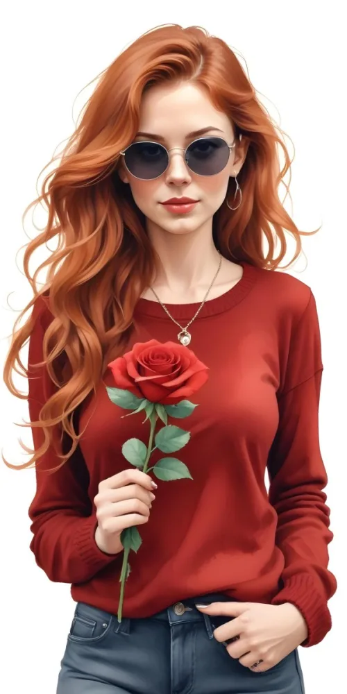 A Caucasian Woman 23 Years Old Long Red Wavy Hair Sunglasses Holding A Red Rose Red Sweater Necklace Earrings Ring Purse White Background 3 9a70