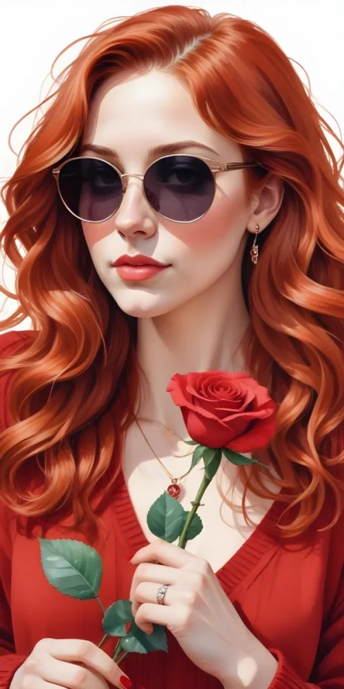 A Caucasian Woman 23 Years Old Long Red Wavy Hair Sunglasses Holding A Red Rose Red Sweater Necklace Earrings Ring Purse White Background 4 48c9