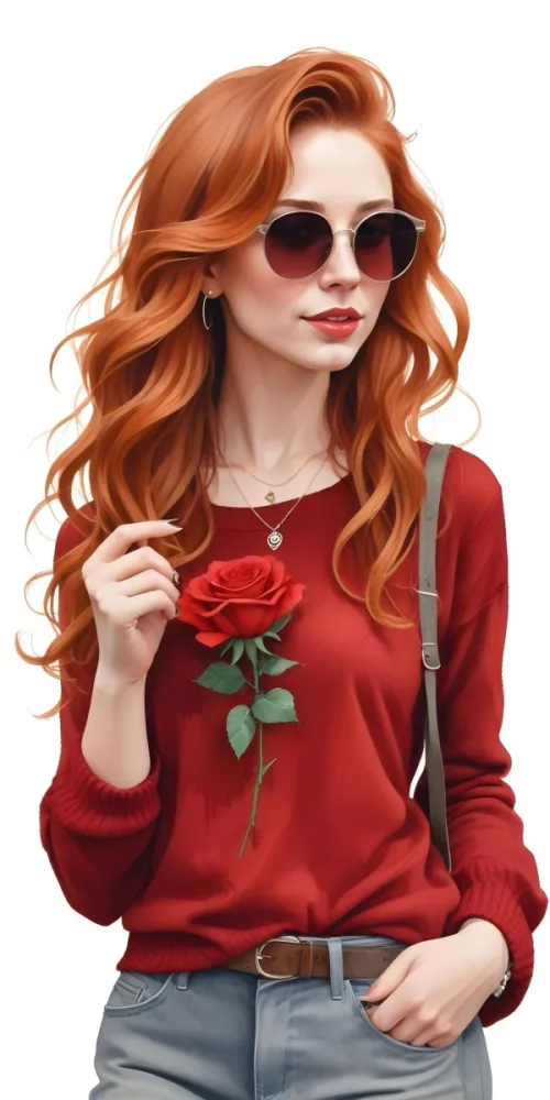 A Caucasian Woman 23 Years Old Long Red Wavy Hair Sunglasses Holding A Red Rose Red Sweater Necklace Earrings Ring Purse White Background 5 364c