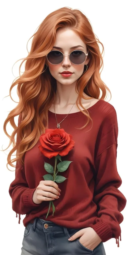 A Caucasian Woman 23 Years Old Long Red Wavy Hair Sunglasses Holding A Red Rose Red Sweater Necklace Earrings Ring Purse White Background 7 D4b2