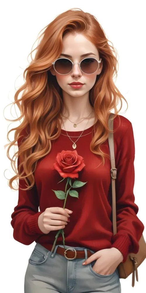 A Caucasian Woman 23 Years Old Long Red Wavy Hair Sunglasses Holding A Red Rose Red Sweater Necklace Earrings Ring Purse White Background 8 61fe