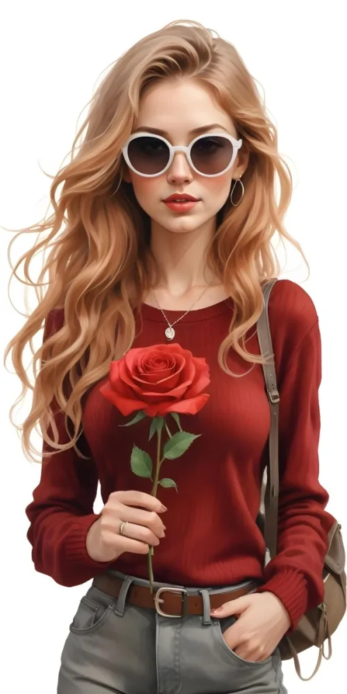 A Caucasian Woman 23 Years Old Long Red Wavy Hair Sunglasses Holding A Red Rose Red Sweater Necklace Earrings Ring Purse White Background 9 672b