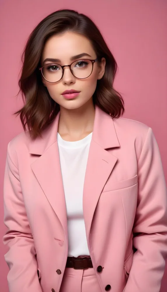 A Caucasian Woman 23 Years Old Pink Makeup Brown Lips Wearing Glasses Brown Hair Pink Jacket In A Studio 13 C596