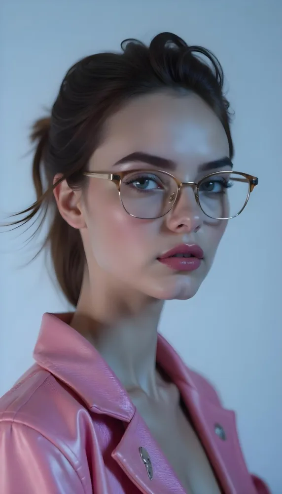 A Caucasian Woman 23 Years Old Pink Makeup Brown Lips Wearing Glasses Brown Hair Pink Jacket In A Studio 14 D0e3