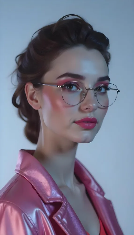 A Caucasian Woman 23 Years Old Pink Makeup Brown Lips Wearing Glasses Brown Hair Pink Jacket In A Studio 20 5be0