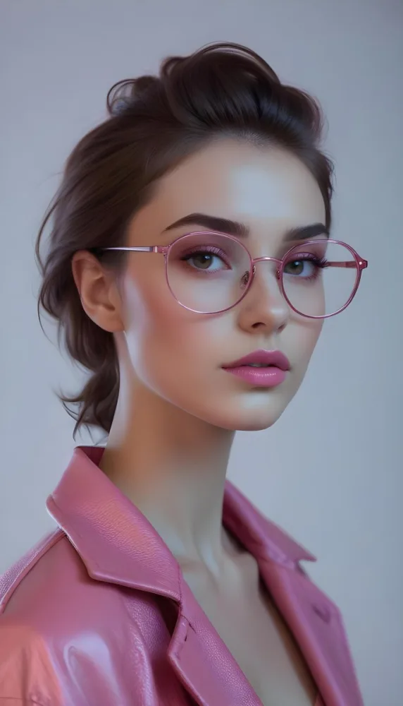 A Caucasian Woman 23 Years Old Pink Makeup Brown Lips Wearing Glasses Brown Hair Pink Jacket In A Studio 21 80dc
