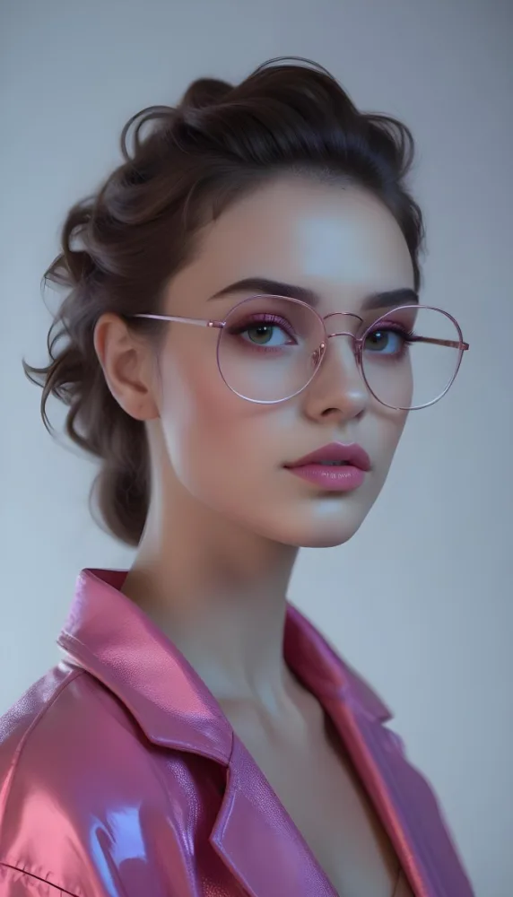 A Caucasian Woman 23 Years Old Pink Makeup Brown Lips Wearing Glasses Brown Hair Pink Jacket In A Studio 22 A329
