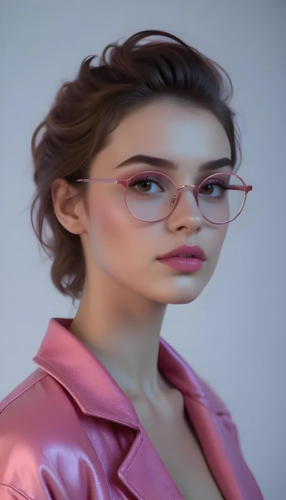 A Caucasian Woman 23 Years Old Pink Makeup Brown Lips Wearing Glasses Brown Hair Pink Jacket In A Studio 25 E1db