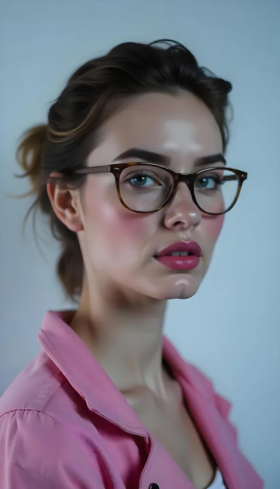 A Caucasian Woman 23 Years Old Pink Makeup Brown Lips Wearing Glasses Brown Hair Pink Jacket In A Studio 28 C5fc