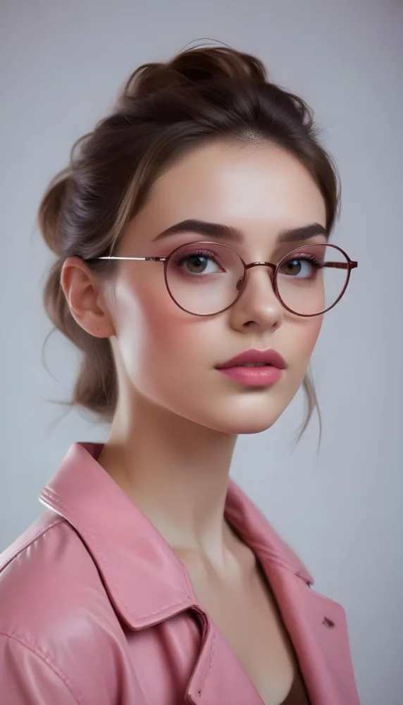 A Caucasian Woman 23 Years Old Pink Makeup Brown Lips Wearing Glasses Brown Hair Pink Jacket In A Studio 28 Efe0