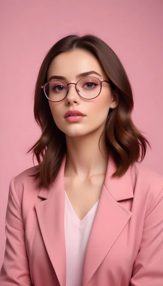 A Caucasian Woman 23 Years Old Pink Makeup Brown Lips Wearing Glasses Brown Hair Pink Jacket In A Studio 31 B30a