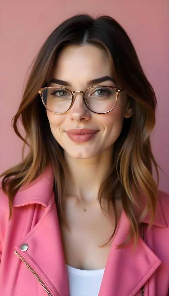 A Caucasian Woman 23 Years Old Pink Makeup Brown Lips Wearing Glasses Brown Hair Pink Jacket In A Studio 35 4c4e