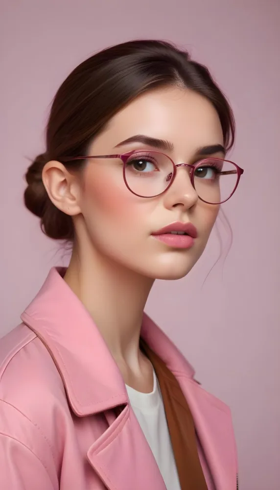 A Caucasian Woman 23 Years Old Pink Makeup Brown Lips Wearing Glasses Brown Hair Pink Jacket In A Studio 35 E73b