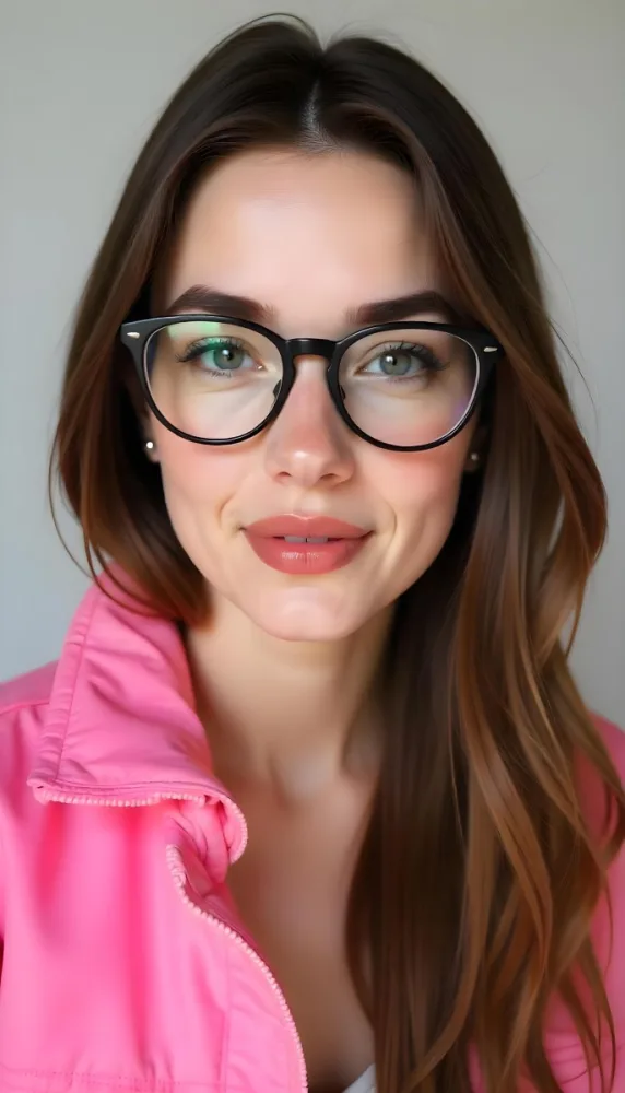 A Caucasian Woman 23 Years Old Pink Makeup Brown Lips Wearing Glasses Brown Hair Pink Jacket In A Studio 36 8ab4