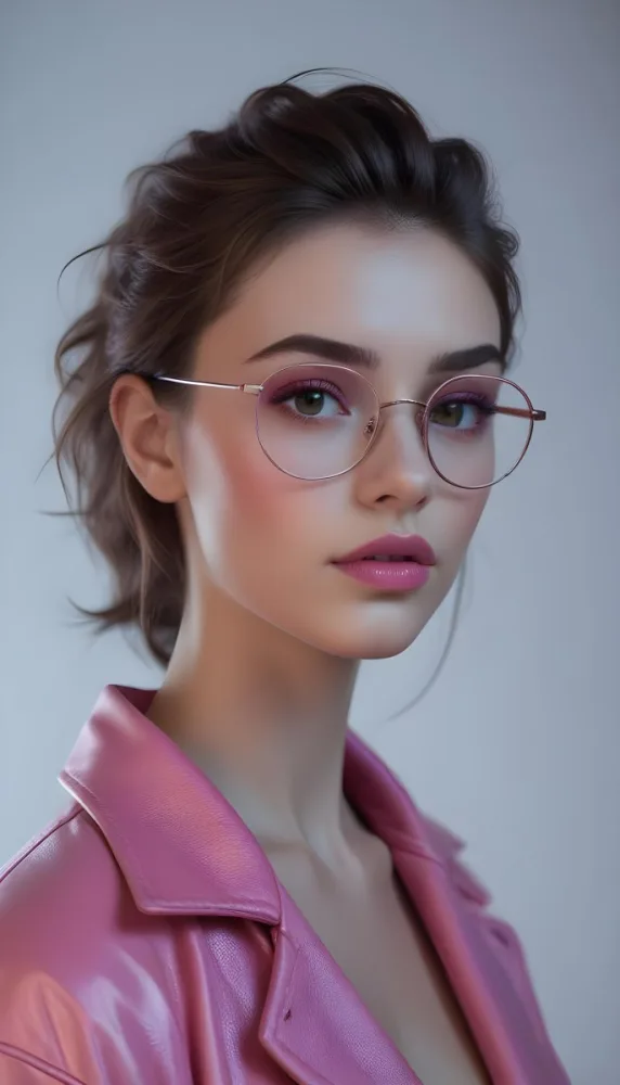 A Caucasian Woman 23 Years Old Pink Makeup Brown Lips Wearing Glasses Brown Hair Pink Jacket In A Studio 40 891d