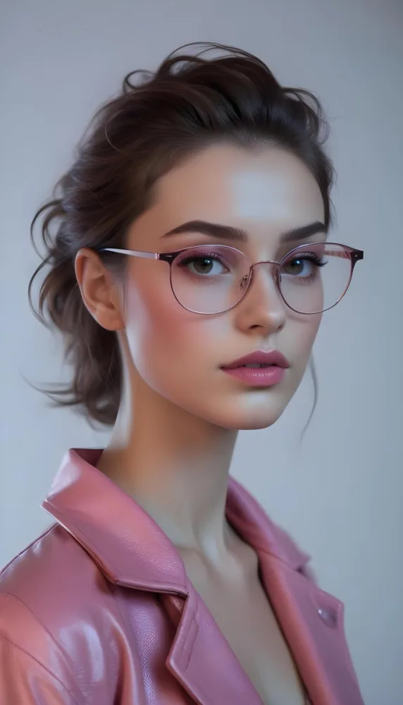 A Caucasian Woman 23 Years Old Pink Makeup Brown Lips Wearing Glasses Brown Hair Pink Jacket In A Studio 43 6a69