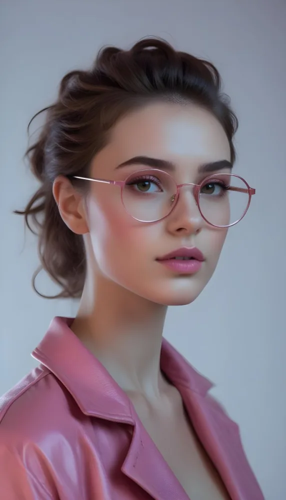A Caucasian Woman 23 Years Old Pink Makeup Brown Lips Wearing Glasses Brown Hair Pink Jacket In A Studio 44 Bd39