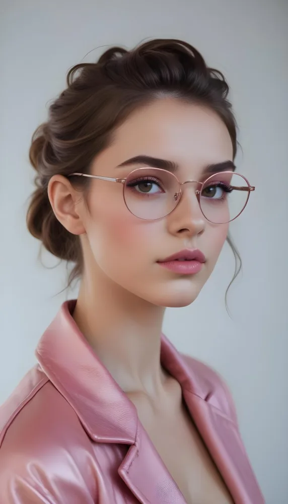 A Caucasian Woman 23 Years Old Pink Makeup Brown Lips Wearing Glasses Brown Hair Pink Jacket In A Studio 6 9656