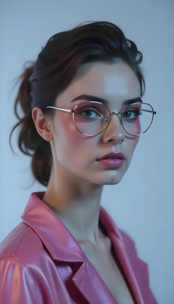 A Caucasian Woman 23 Years Old Pink Makeup Brown Lips Wearing Glasses Brown Hair Pink Jacket In A Studio 7 28e2