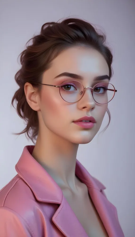 A Caucasian Woman 23 Years Old Pink Makeup Brown Lips Wearing Glasses Brown Hair Pink Jacket In A Studio 7 466a
