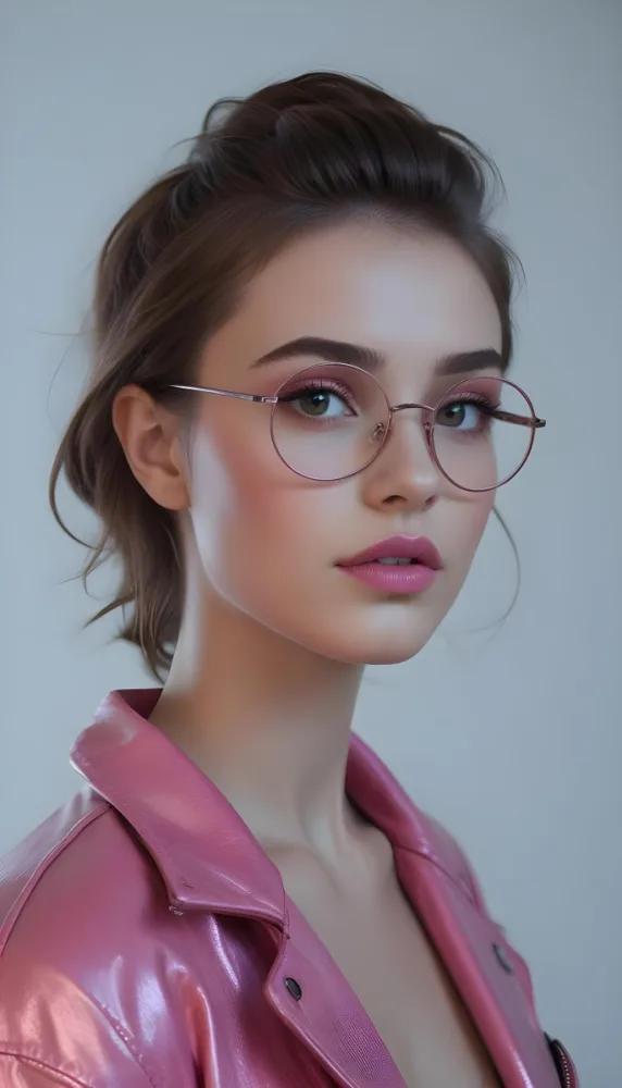 A Caucasian Woman 23 Years Old Pink Makeup Brown Lips Wearing Glasses Brown Hair Pink Jacket In A Studio 8 F73a