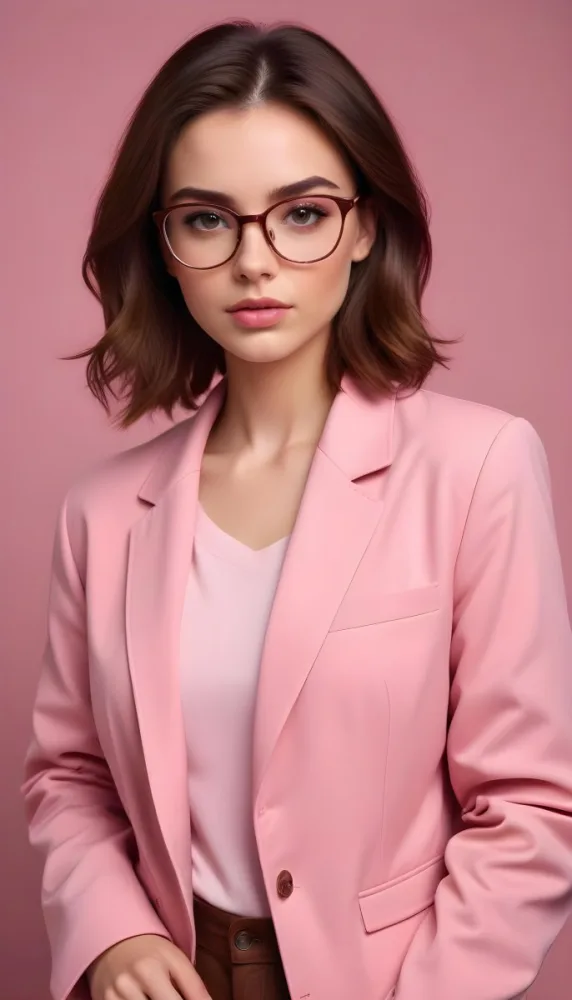 A Caucasian Woman 23 Years Old Pink Makeup Brown Lips Wearing Glasses Brown Hair Pink Jacket In A Studio 9 9181