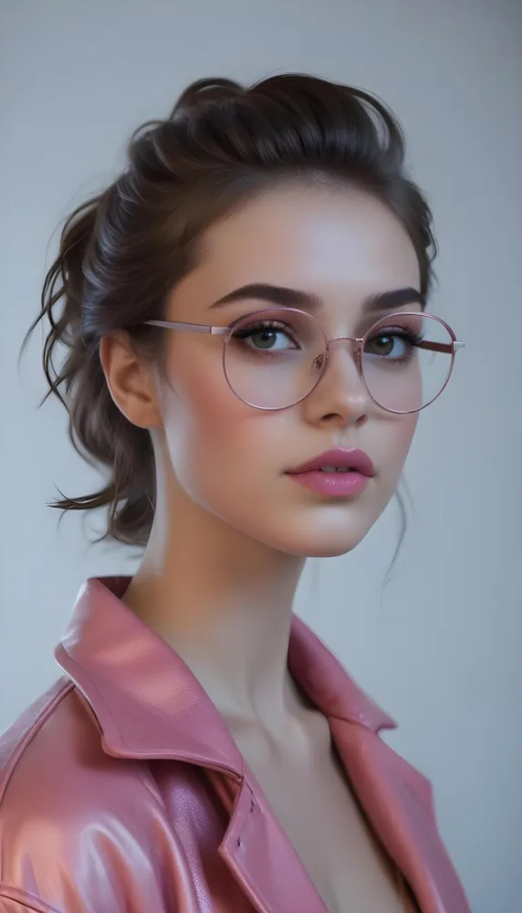 A Caucasian Woman 23 Years Old Pink Makeup Brown Lips Wearing Glasses Brown Hair Pink Jacket In A Studio 9 F905
