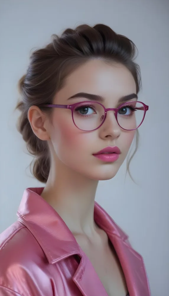 A Caucasian Woman 23 Years Old Pink Makeup Pink Lips Wearing Glasses Hair Tied Back Pink Jacket Plain Background 10 48ea