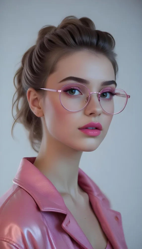 A Caucasian Woman 23 Years Old Pink Makeup Pink Lips Wearing Glasses Hair Tied Back Pink Jacket Plain Background 22 2c66