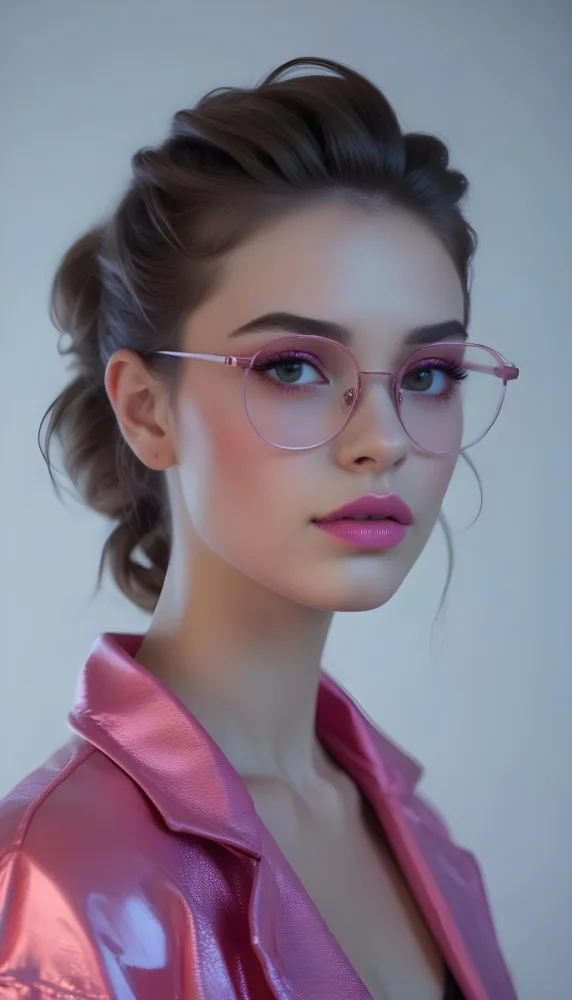 A Caucasian Woman 23 Years Old Pink Makeup Pink Lips Wearing Glasses Hair Tied Back Pink Jacket Plain Background 29 D089