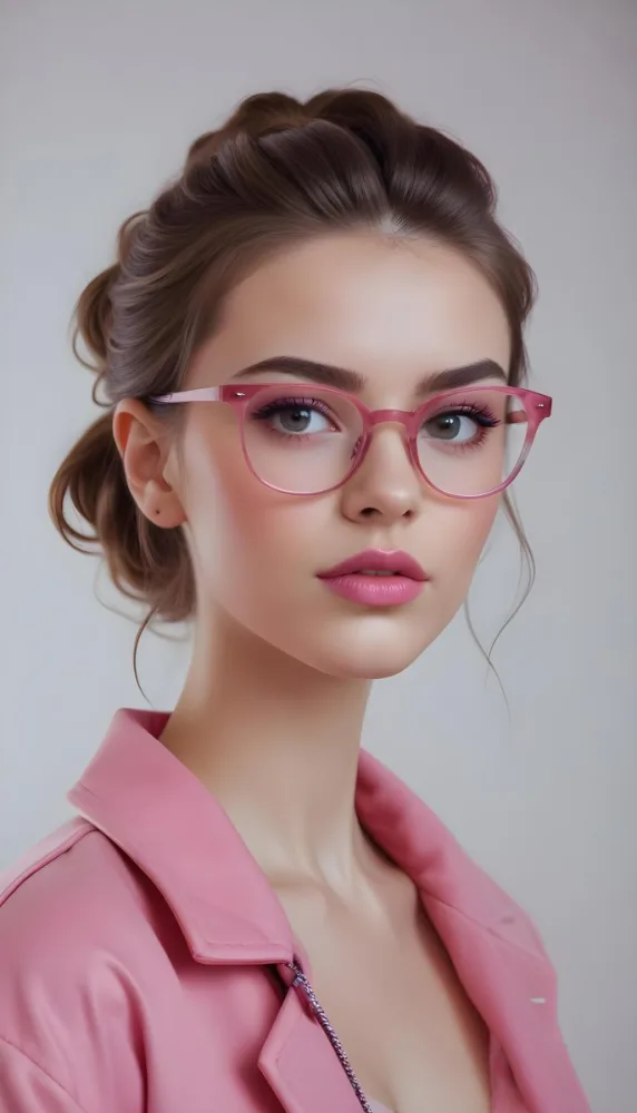 A Caucasian Woman 23 Years Old Pink Makeup Pink Lips Wearing Glasses Hair Tied Back Pink Jacket Plain Background 42 4583