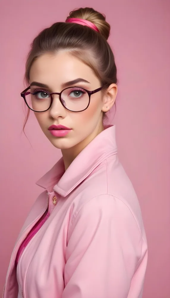 A Caucasian Woman 23 Years Old Pink Makeup Pink Lips Wearing Glasses Hair Tied Back Pink Jacket Plain Background 5 9631
