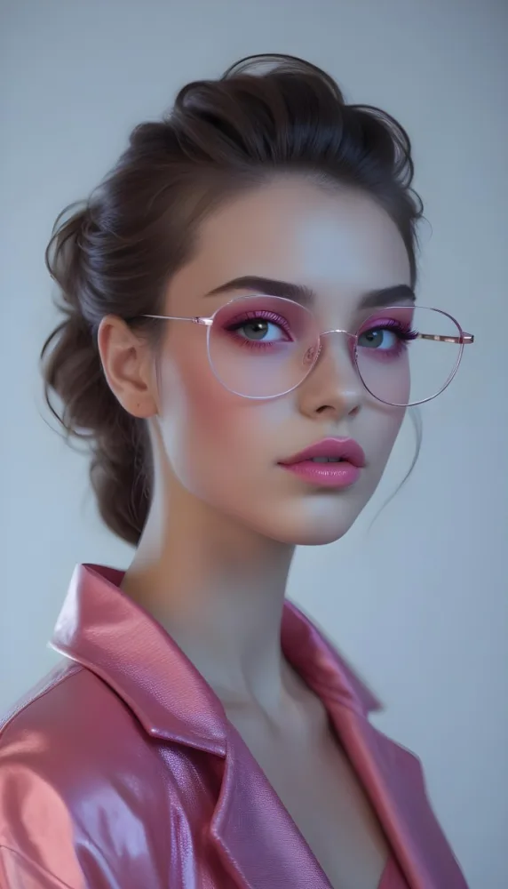 A Caucasian Woman 23 Years Old Pink Makeup Pink Lips Wearing Glasses Hair Tied Back Pink Jacket Plain Background 53 162a