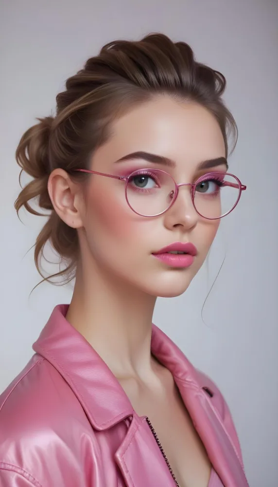 A Caucasian Woman 23 Years Old Pink Makeup Pink Lips Wearing Glasses Hair Tied Back Pink Jacket Plain Background 6 78bc