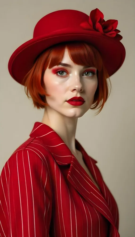 A Caucasian Woman 23 Years Old Red Short Hair Red Eyeshadow Red Lips Wearing A Red Hat With A Flower And A Red Striped Jacket In A Studio 4 8aa5