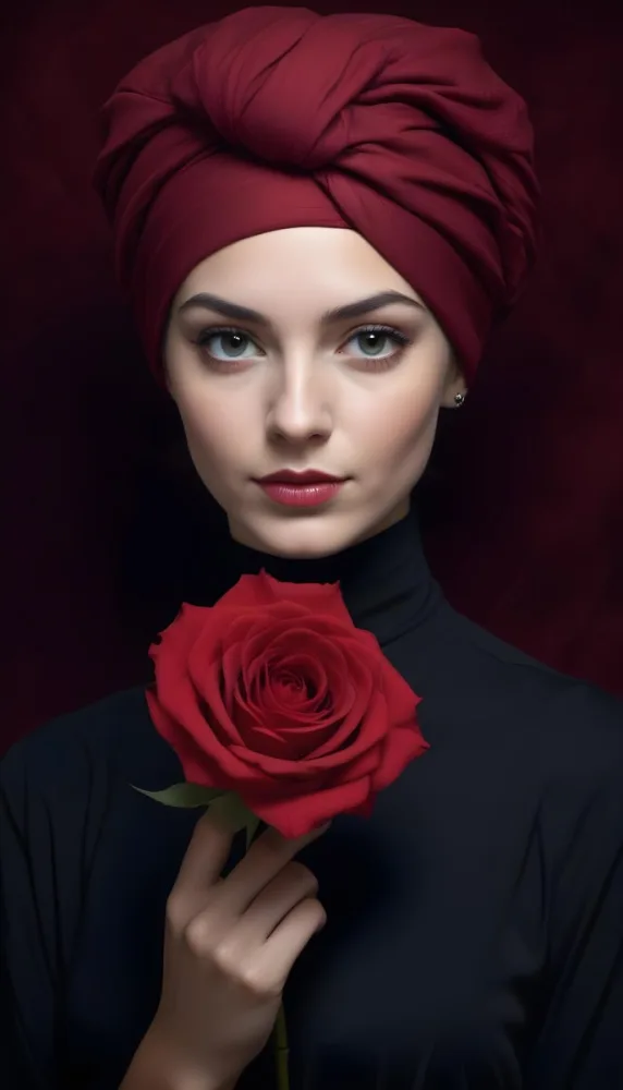 A Caucasian Woman 23 Years Old Red Turban Holding A Red Rose Black Dress Dark Red Background 1 95d5