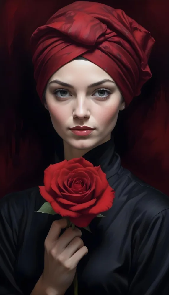 A Caucasian Woman 23 Years Old Red Turban Holding A Red Rose Black Dress Dark Red Background 13 B154