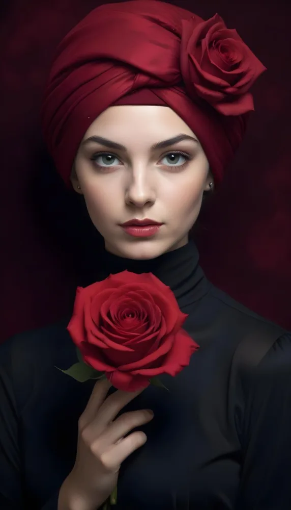 A Caucasian Woman 23 Years Old Red Turban Holding A Red Rose Black Dress Dark Red Background 8 A556