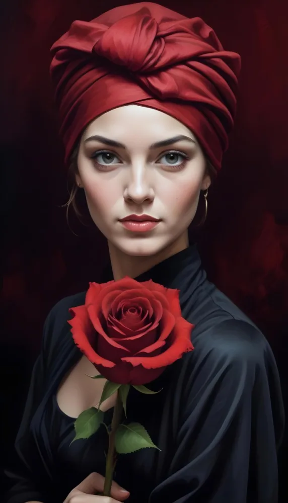 A Caucasian Woman 23 Years Old Red Turban Holding A Red Rose Black Dress Dark Red Background 9 F69f
