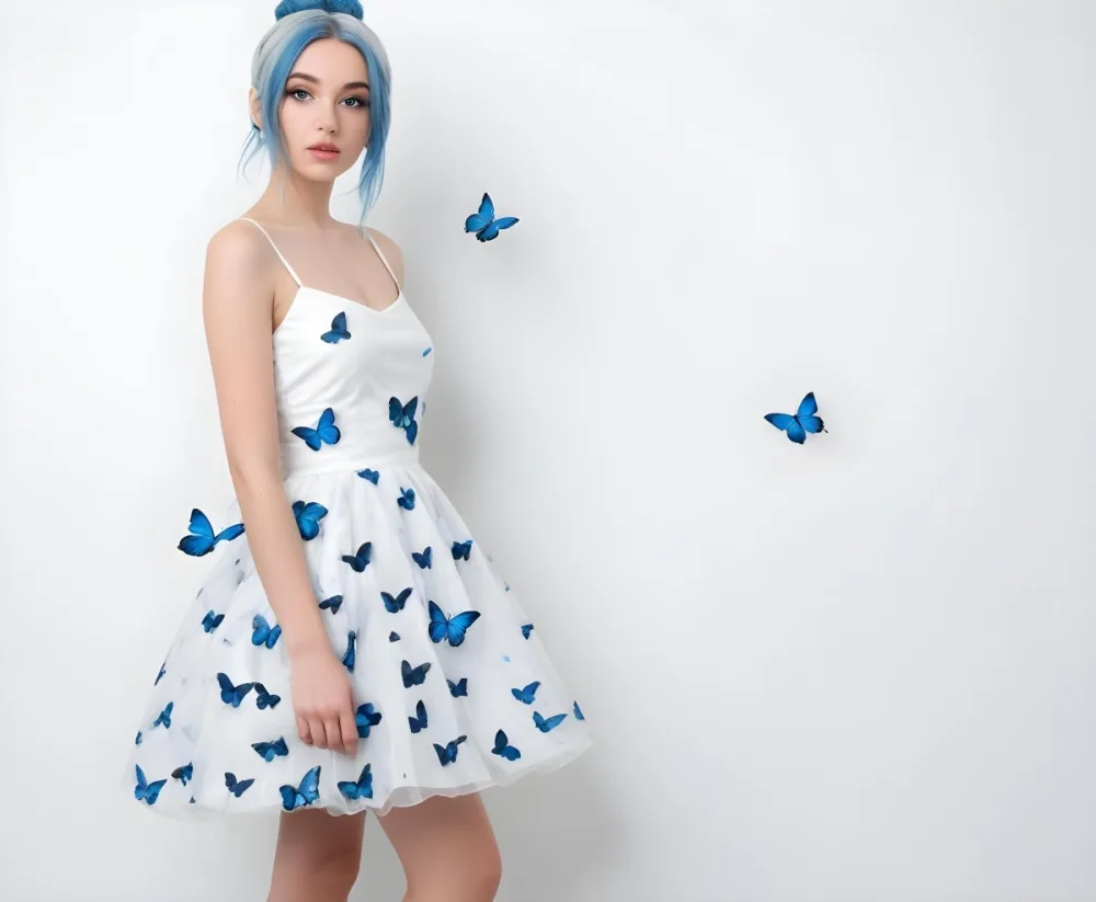 A Caucasian Woman 23 Years Old With Blue Hair In A Bun Wearing A White Dress With Blue Butterflies In A White Background 14 14bb