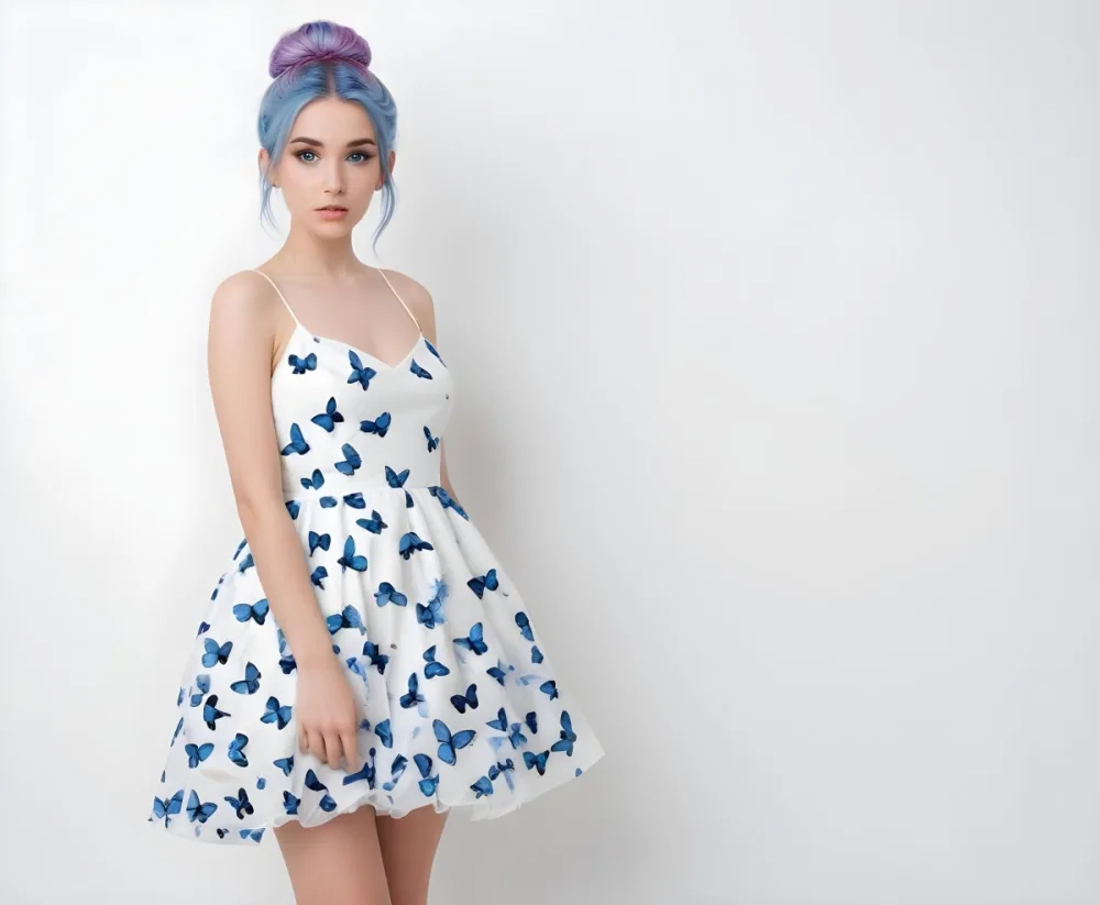 A Caucasian Woman 23 Years Old With Blue Hair In A Bun Wearing A White Dress With Blue Butterflies In A White Background 23 9c7a
