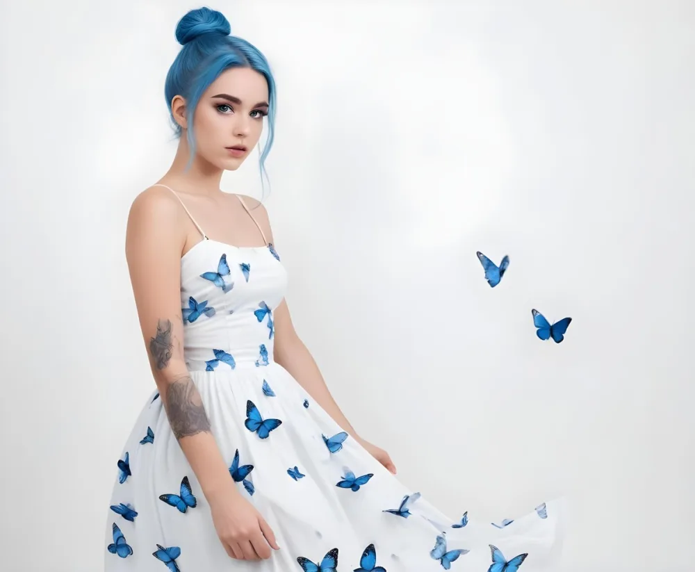 A Caucasian Woman 23 Years Old With Blue Hair In A Bun Wearing A White Dress With Blue Butterflies In A White Background 4 85c7