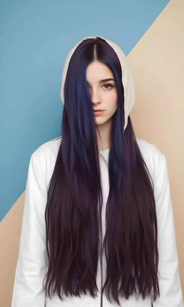 A Caucasian Woman 23 Years Old With Long Blue Hair Covering Half Of Her Face Wearing A White Jacket In A Studio With A Blue And Beige Background 30 F678