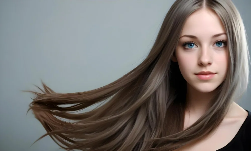 A Caucasian Woman 23 Years Old With Long Blue Hair Light Skin And Gray Eyes In A Gray Background 17 7e77