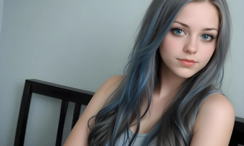 A Caucasian Woman 23 Years Old With Long Blue Hair Light Skin And Gray Eyes In A Gray Background 7 497c