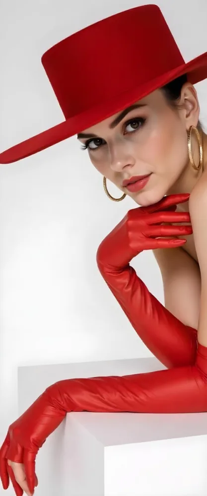 A Caucasian Woman 23 Years Old With Long Eyelashes Wearing A White Hat And White Gloves Gold Earrings Light Red Lipstick In A White Background 2 239a