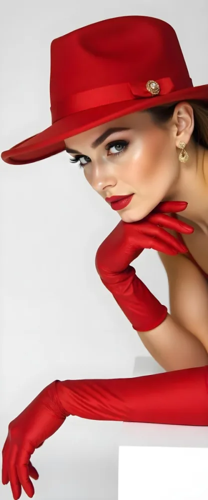 A Caucasian Woman 23 Years Old With Long Eyelashes Wearing A White Hat And White Gloves Gold Earrings Light Red Lipstick In A White Background 9 4d17